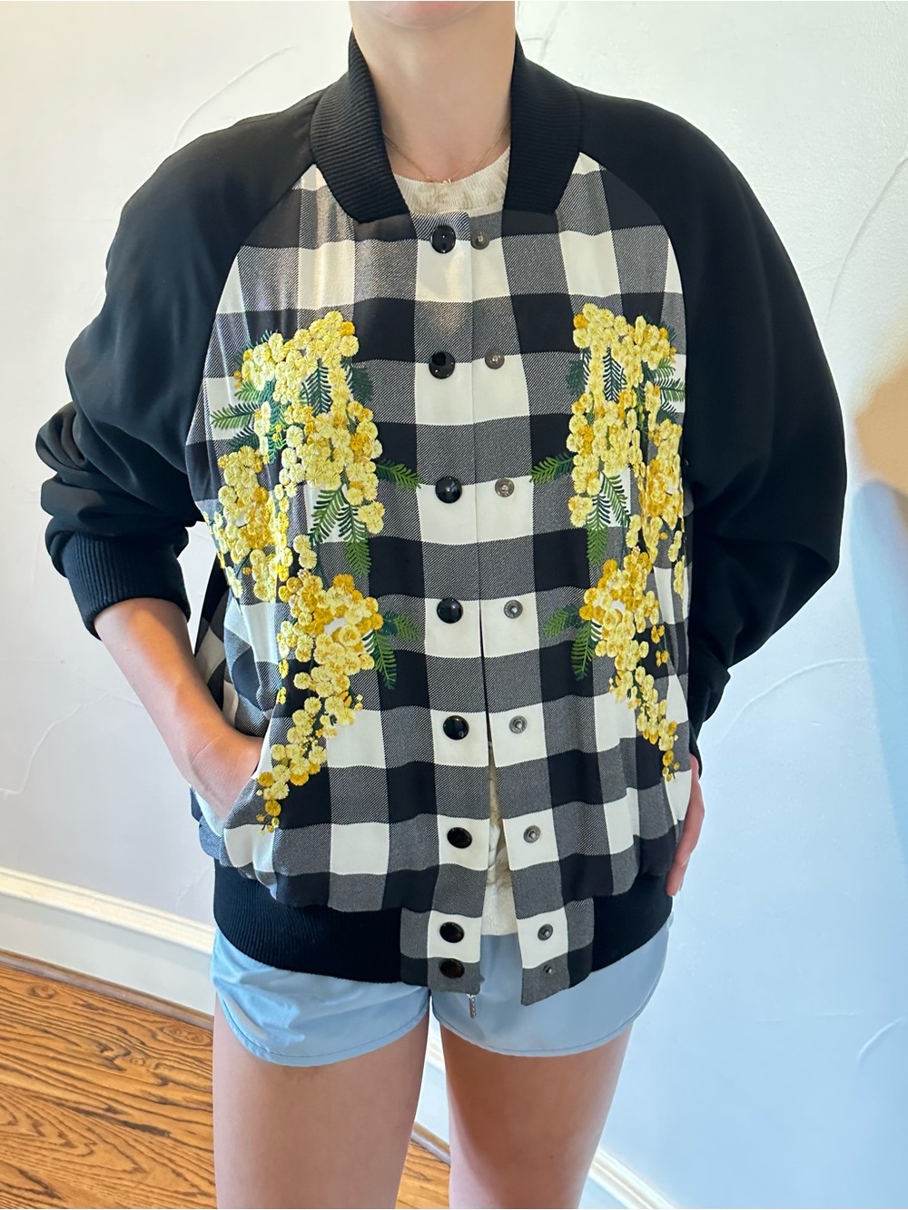 DOLCE & GABBANA Black Checked Bomber Jacket Yellow Floral Embroidery Size 42IT🌸